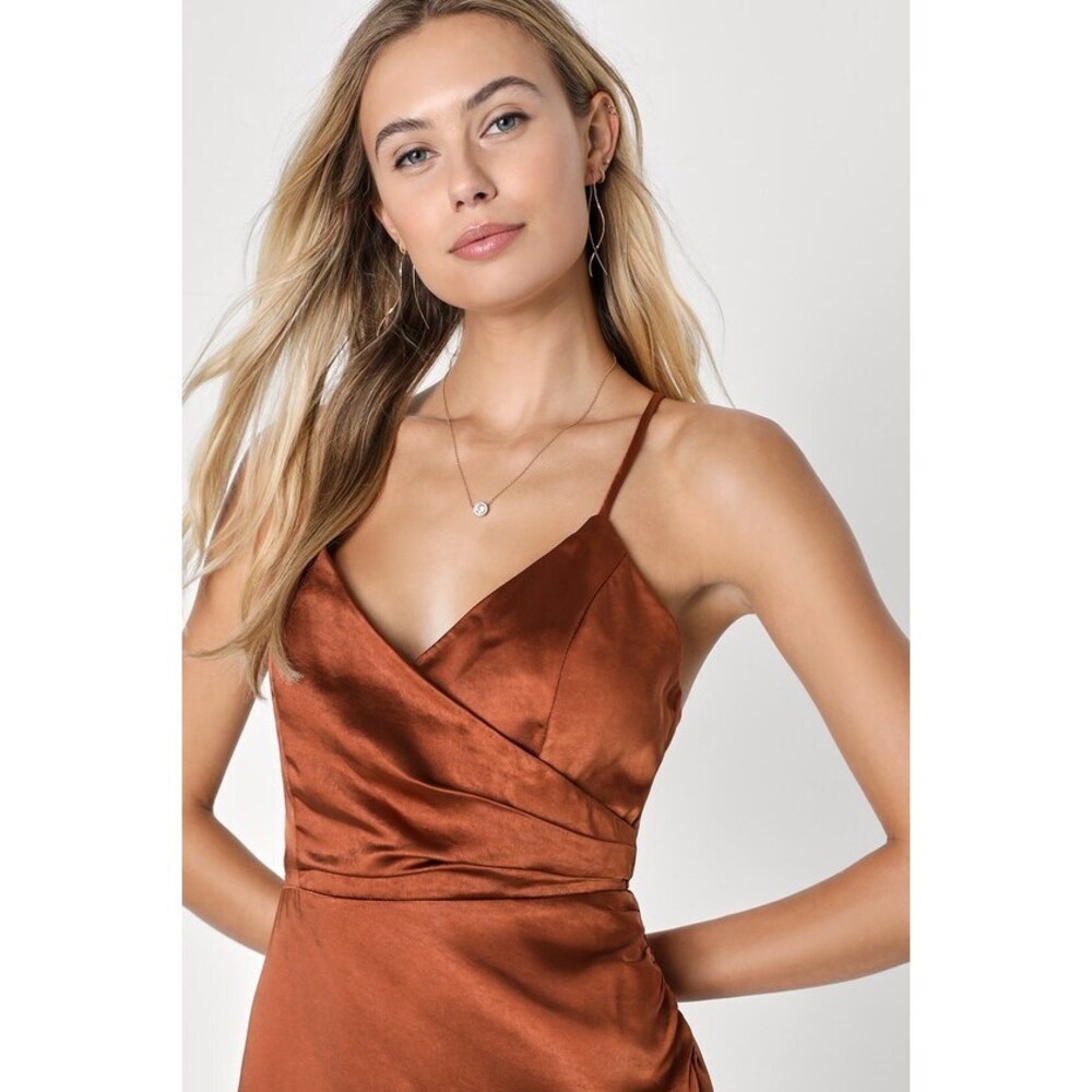 Lulus Hot Night Out Bronze Satin Surplice Faux-wrap Dress Brown - Size XS